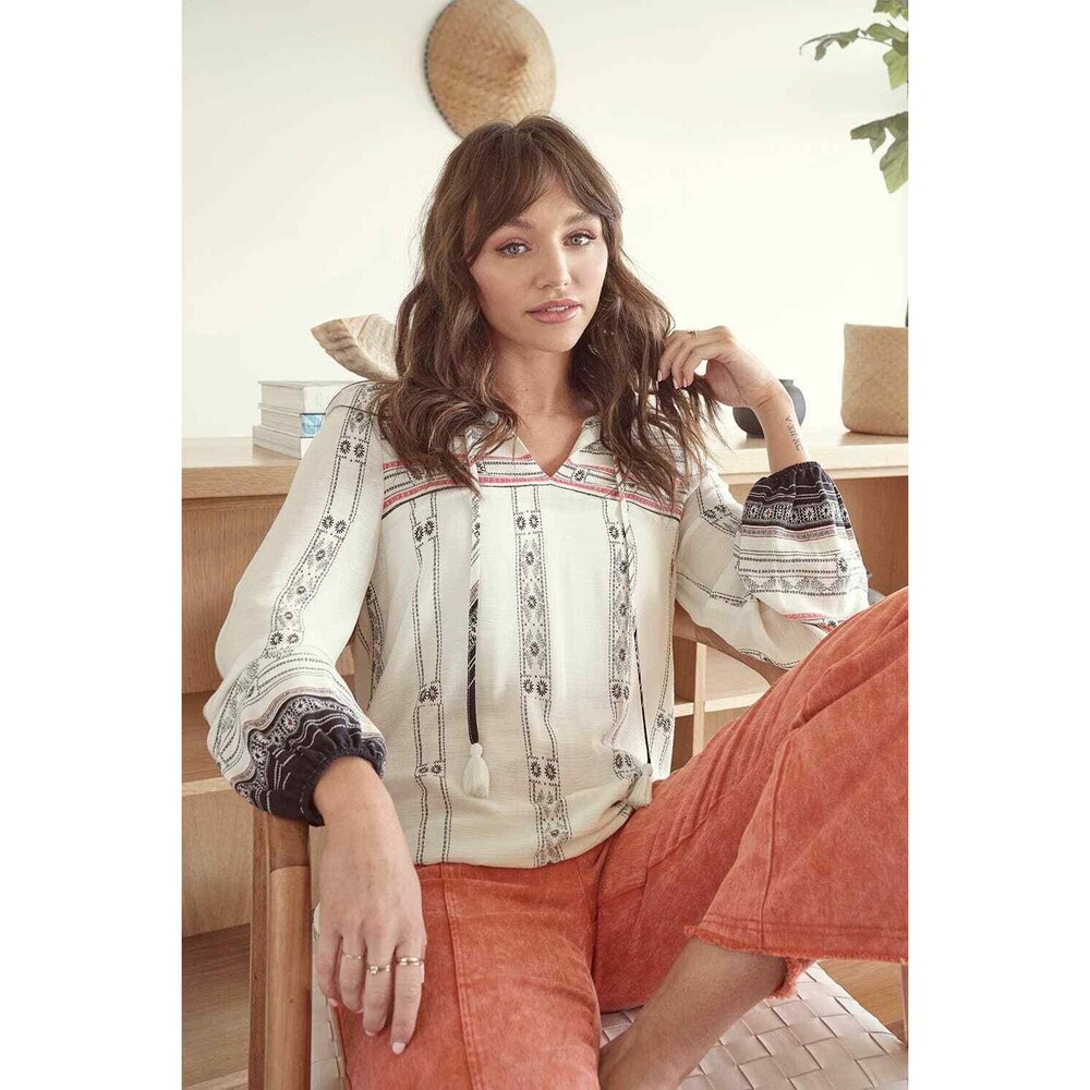 Mystree Boho Border Print Tassel Tie Top - NWT
